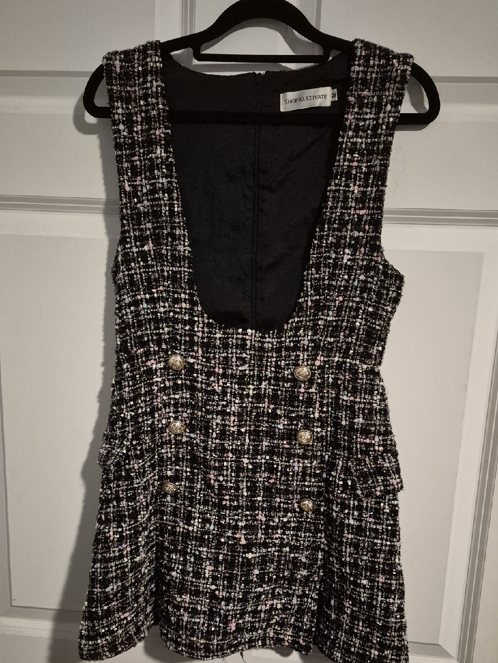 Shop Kultivate Black & Pink Tweed Sleeveless Romper Medium Y2K Coquette Girl